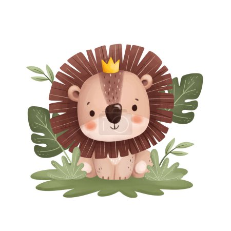 Téléchargez les illustrations : Illustration aquarelle Lion mignon et feuilles - en licence libre de droit