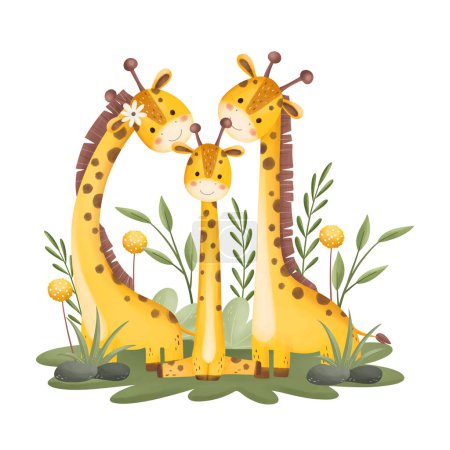 Téléchargez les illustrations : Illustration aquarelle Famille et feuilles de girafe mignonne - en licence libre de droit