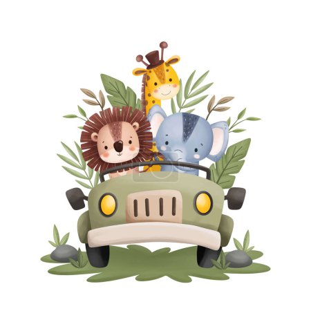 Ilustración de Acuarela Ilustración Lindos animales Safari en Jeep - Imagen libre de derechos