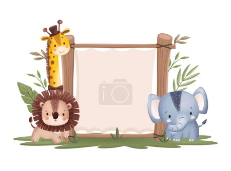 Illustration for Atercolor Illustration Wooden Board with Cute Safari Animals and Tropical Leaves - Royalty Free Image