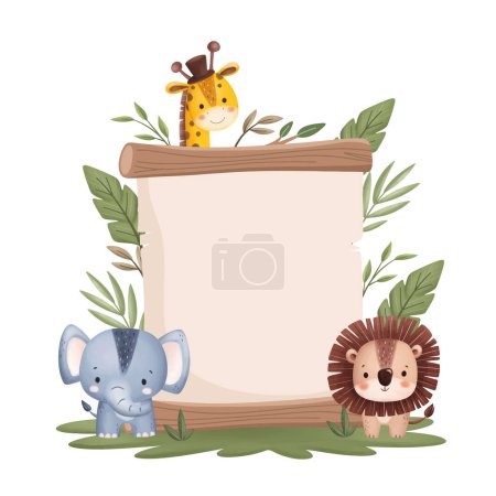 Illustration for Atercolor Illustration Wooden Board with Cute Safari Animals and Tropical Leaves - Royalty Free Image