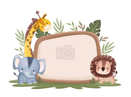 Téléchargez les illustrations : Atercolor Illustration Panneau en bois avec animaux Safari mignon et feuilles tropicales - en licence libre de droit