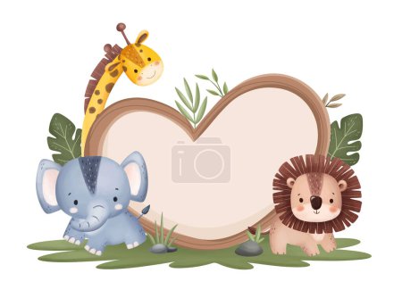 Téléchargez les illustrations : Atercolor Illustration Panneau en bois avec animaux Safari mignon et feuilles tropicales - en licence libre de droit
