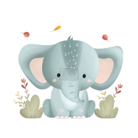 Téléchargez les illustrations : Illustration aquarelle Éléphant et feuilles - en licence libre de droit