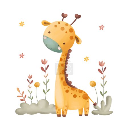 Téléchargez les illustrations : Illustration aquarelle Girafe et feuilles - en licence libre de droit