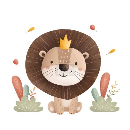 Illustration for Watercolor Illustration Lion and Leaves - Royalty Free Image