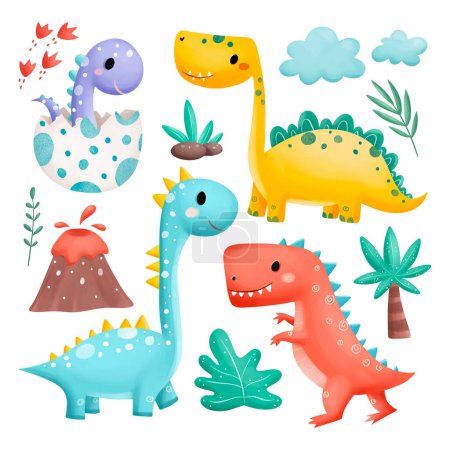 Illustration for Watercolor Illustration Set of Cute Dinosaurs and Elements - Royalty Free Image