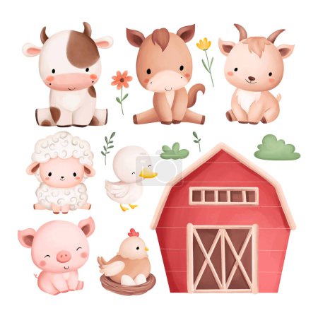Ilustración de Acuarela Ilustración Conjunto de lindos animales de granja y elementos - Imagen libre de derechos