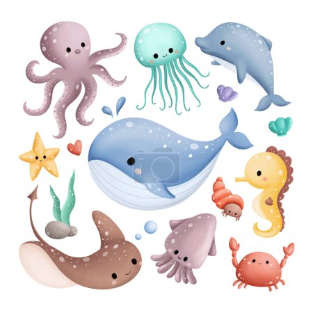 Téléchargez les illustrations : Illustration aquarelle Ensemble de créatures marines mignonnes - en licence libre de droit