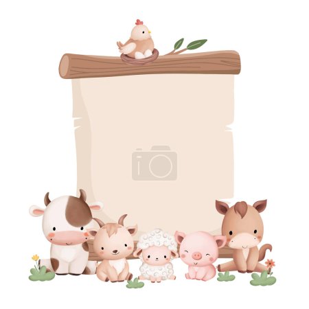 Illustration for Watercolor Illustration Cute Farm Animals and Wooden Board - Royalty Free Image