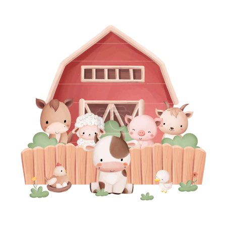 Illustration for Watercolor Illustration Cute Farm Animals and Farm House - Royalty Free Image