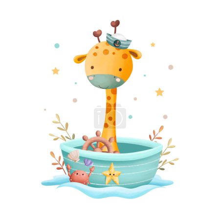 Ilustración de Ilustración de acuarela linda jirafa el marinero en pequeño barco - Imagen libre de derechos