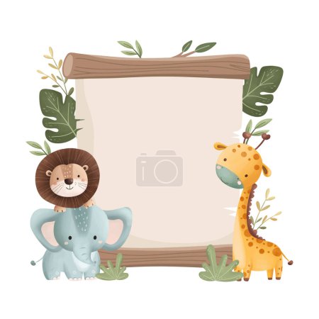 Illustration for Watercolor Illustration Cute Safari Animals and Wooden Board - Royalty Free Image