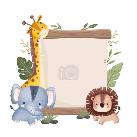 Illustration for Watercolor Illustration Cute Safari Animals and Wooden Board - Royalty Free Image