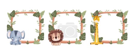 Illustration for Watercolor Illustration set of Wooden Frame with Safari Animals and Tropical Leaves - Royalty Free Image