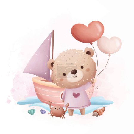 Téléchargez les illustrations : Illustration aquarelle Ours mignon dans un petit navire rose avec des ballons en forme de coeur - en licence libre de droit