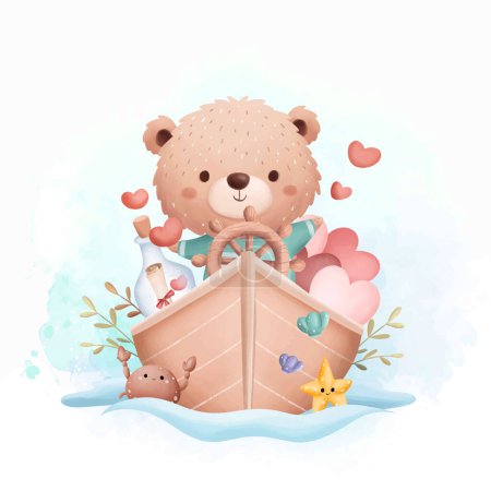 Illustration for Watercolor Illustration Cute Bear in Little Ship with Hearts Elements - Royalty Free Image