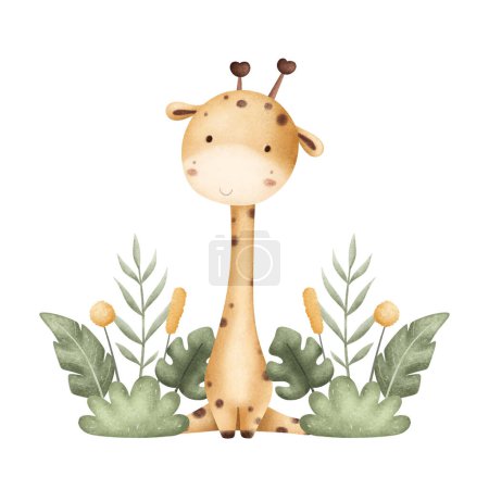 Illustration for Watercolor Illustration Giraffe and Tropical Leaves - Royalty Free Image
