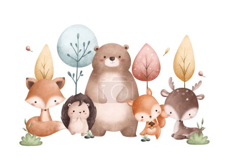 Illustration for Watercolor Illustration Woodland Animals and Trees - Royalty Free Image