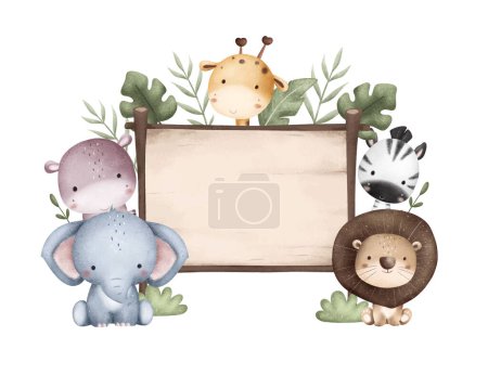 Téléchargez les illustrations : Illustration aquarelle Panneau en bois avec animaux Safari et feuilles tropicales - en licence libre de droit
