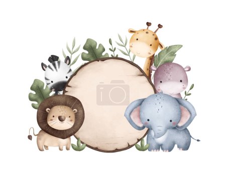 Illustration for Watercolor Illustration Wooden Board with Safari Animals and Tropical Leaves - Royalty Free Image