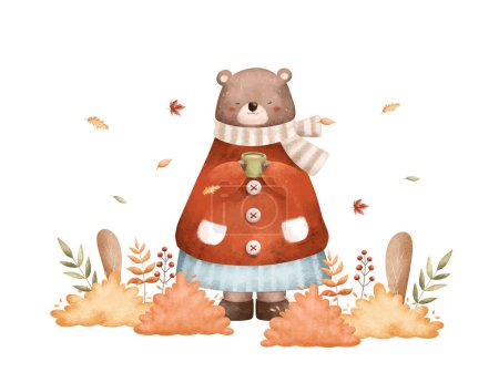 Illustration for Watercolor Illustration Bear in Autumn Garden with Leaves - Royalty Free Image