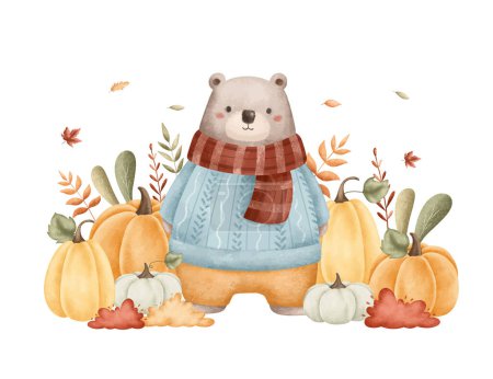 Illustration for Watercolor Illustration Bear in Autumn Garden with Pumpkin and Leaves - Royalty Free Image