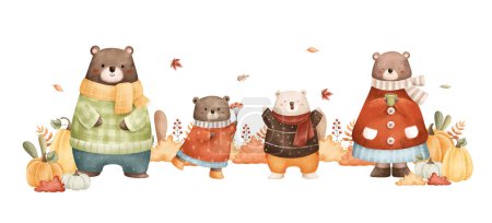 Téléchargez les illustrations : Illustration aquarelle Famille d'ours dans le jardin d'automne avec des citrouilles et des feuilles - en licence libre de droit