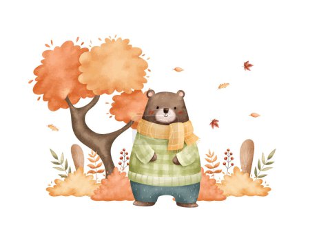 Illustration for Watercolor Illustration Bear in Autumn Garden with Tree and Leaves - Royalty Free Image