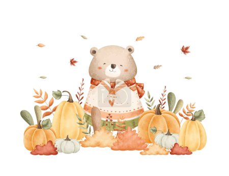 Téléchargez les illustrations : Illustration aquarelle Ours dans le jardin d'automne avec citrouille et feuilles - en licence libre de droit