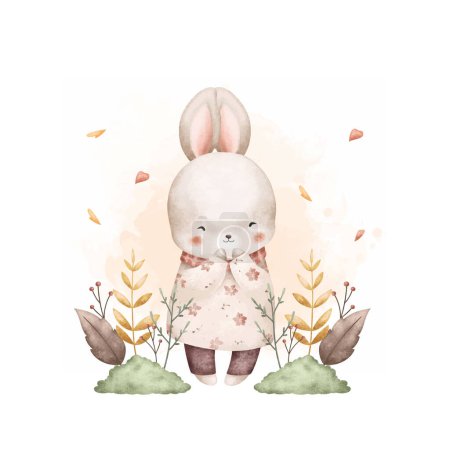 Ilustración de Acuarela Ilustración Conejos y hojas de otoño en el jardín - Imagen libre de derechos
