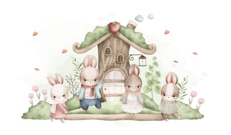 Téléchargez les illustrations : Illustration aquarelle Lapins et jolie maison au jardin - en licence libre de droit