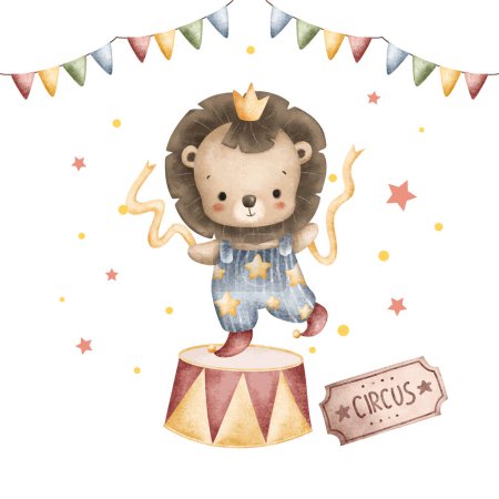 Illustration for Watercolor Illustration Cute Baby Lion Plays Circus - Royalty Free Image