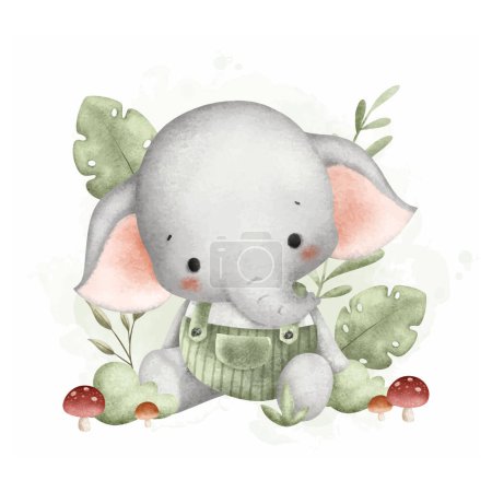 Téléchargez les illustrations : Illustration aquarelle bébé éléphant mignon avec feuilles et champignons - en licence libre de droit
