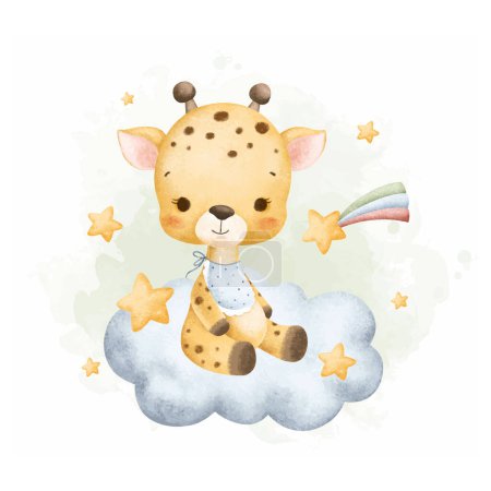 Téléchargez les illustrations : Illustration aquarelle Bébé Girafe mignon assis sur le nuage avec des étoiles - en licence libre de droit