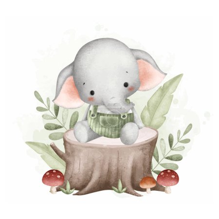 Illustration for Watercolor Illustration Cute Baby Elephant Sits on Log Wood with Leaves and Mushroom - Royalty Free Image