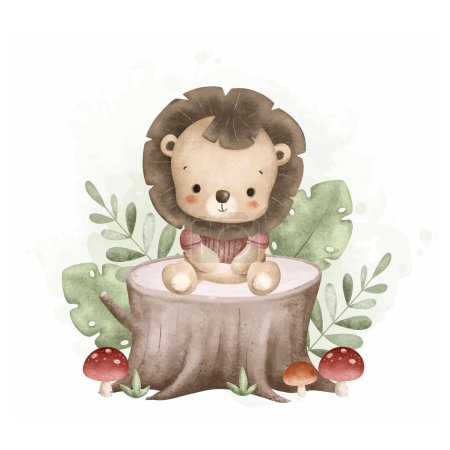 Téléchargez les illustrations : Illustration aquarelle Bébé Lion mignon assis sur bois rond avec des feuilles et des champignons - en licence libre de droit