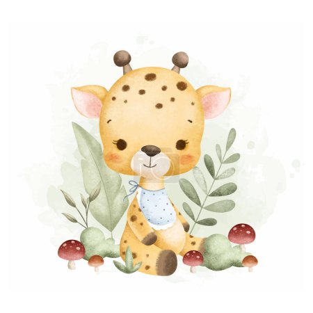 Illustration for Watercolor Illustration Cute Baby Giraffe with Leaves and Mushroom - Royalty Free Image