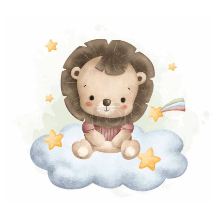 Téléchargez les illustrations : Illustration aquarelle Lion bébé mignon assis sur le nuage avec des étoiles - en licence libre de droit