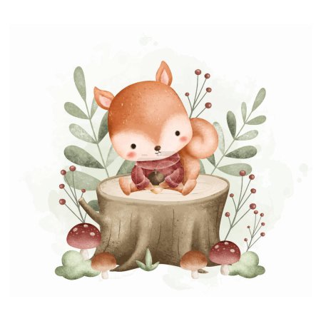 Illustration for Watercolor Illustration Cute Squirrel Sits on Log Wood with Leaves and Mushrooms - Royalty Free Image