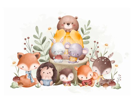 Illustration for Watercolor Illustration Cute Woodland Animals with Leaves and Mushrooms - Royalty Free Image