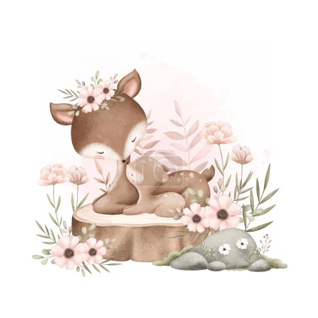 Téléchargez les illustrations : Illustration aquarelle Maman mignonne et bébé cerf assis sur le journal avec des fleurs et des feuilles - en licence libre de droit