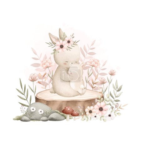 Téléchargez les illustrations : Illustration aquarelle Maman mignonne et bébé lapin assis sur le journal de bord avec des fleurs et des feuilles - en licence libre de droit