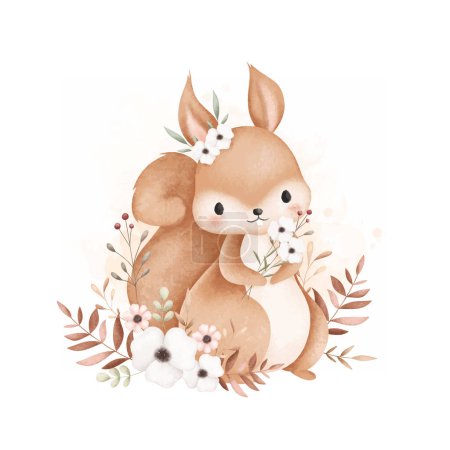 Illustration for Watercolor Illustration Cute Squirrel and Flowers - Royalty Free Image