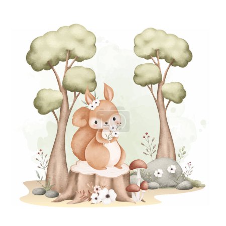 Illustration for Watercolor Illustration Cute Squirrel and Flowers at Forest - Royalty Free Image
