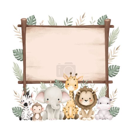 Ilustración de Acuarela Ilustración Safari Animales y Tablero de Madera - Imagen libre de derechos