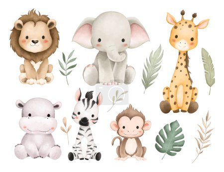Téléchargez les illustrations : Illustration aquarelle Ensemble d'animaux Safari et de feuilles tropicales - en licence libre de droit