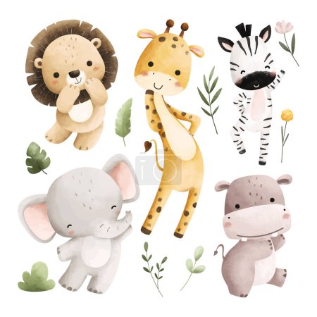 Téléchargez les illustrations : Illustration aquarelle Ensemble d'animaux heureux Safari - en licence libre de droit
