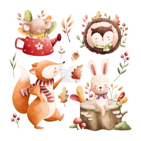 Téléchargez les illustrations : Illustration aquarelle Ensemble d'animaux des bois en automne - en licence libre de droit