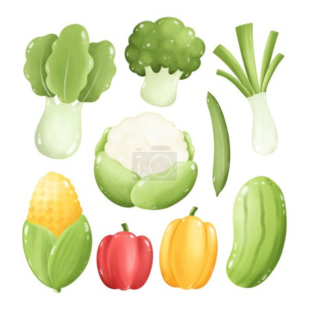 Téléchargez les illustrations : Ensemble de légumes Cartoon Clipart sur fond blanc - en licence libre de droit